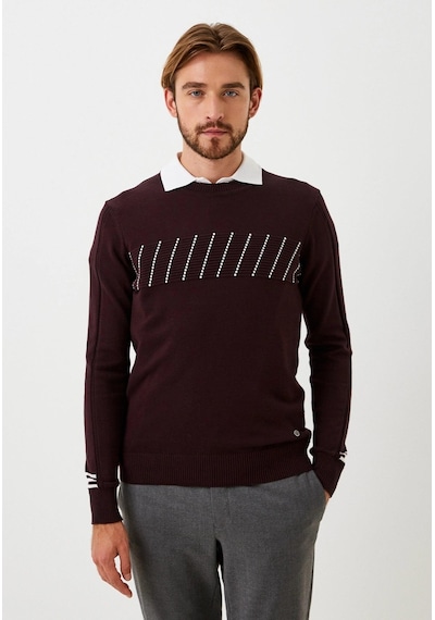 Erkek Triko Bordo Bisiklet Yaka Desenli Slim Fit Pamuklu Kazak Ncs Jeans 3725-bordo Bordo