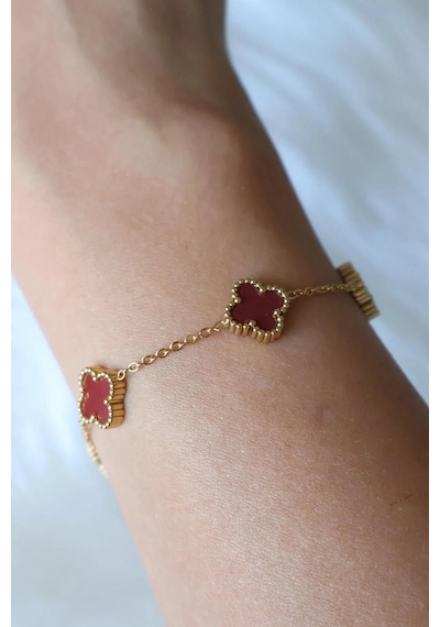 Gold Bordo Doğal Taşlı Premium Çelik Bileklik Gold