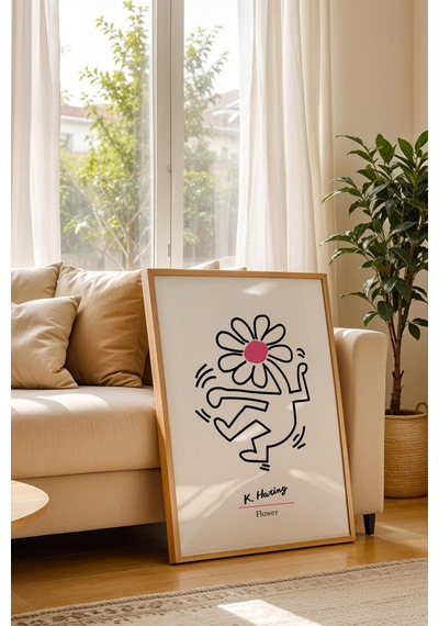 Keith Haring Flower Çerçeveli Tablo - Dans Eden Çiçek - Eklektik Tarz Duvar Dekoru