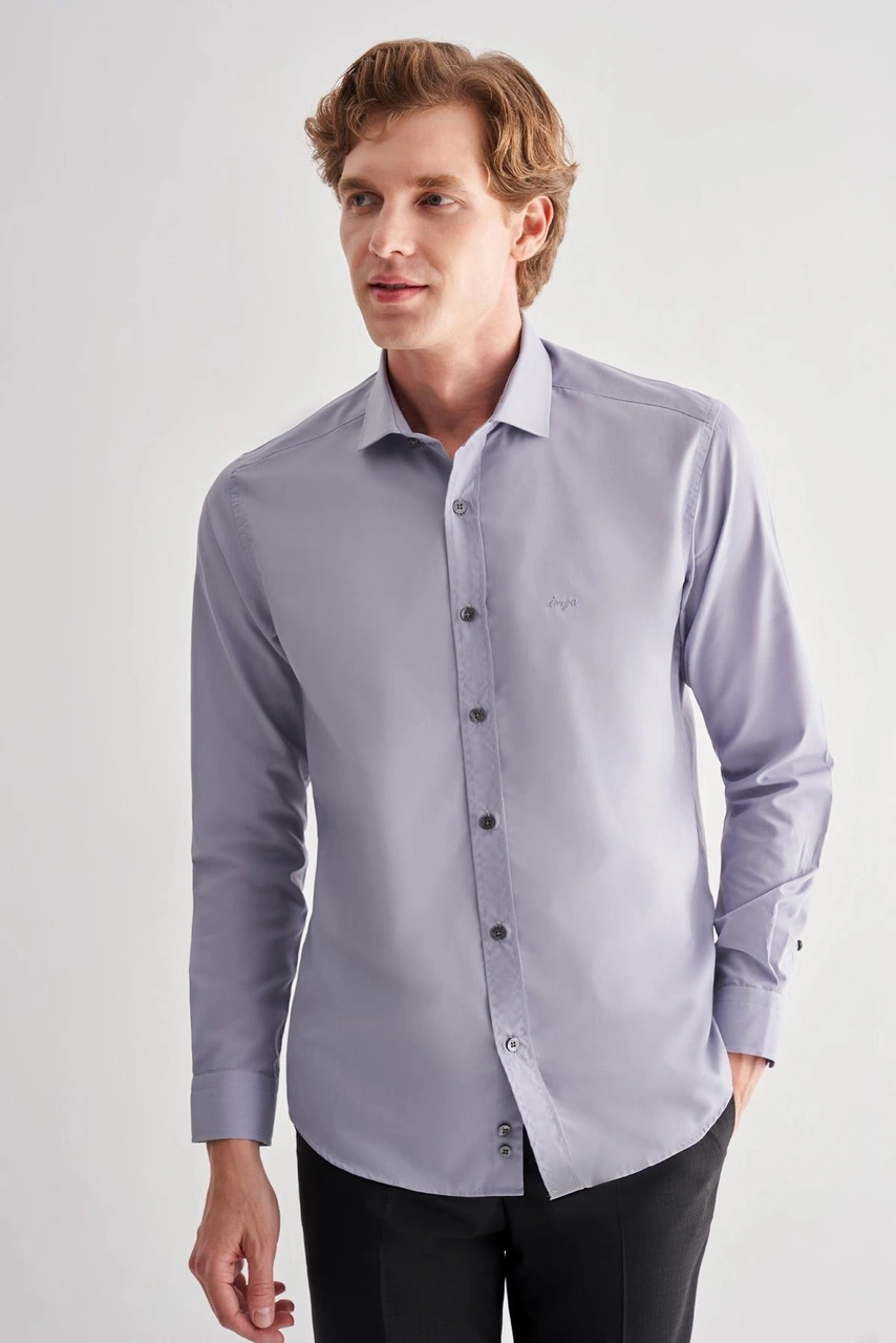 İmza Koyu Gri Yarım İtalyan Yaka Uzun Kol Slim Fit Pamuklu Gömlek 1004255180 Koyu Gri