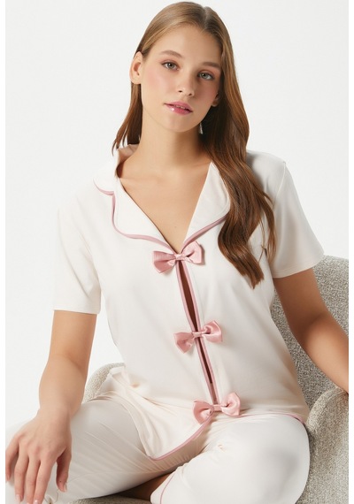 Ritnice Kadın Julia Ekru Fiyonklu Alt Üst Pijama Takımı Ekru