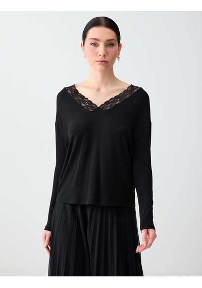 Jimmy Key Siyah Rahat Kesim V Yaka Dantel Detaylı Örme Bluz 6sw035662900