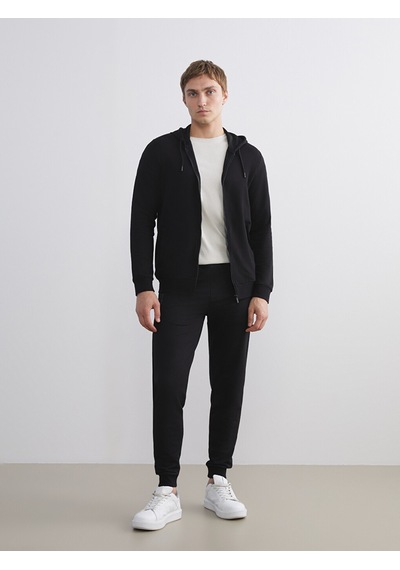 Lcwaıkıkı Basic Siyah Kapüşonlu Basic Erkek Fermuarlı Sweatshirt