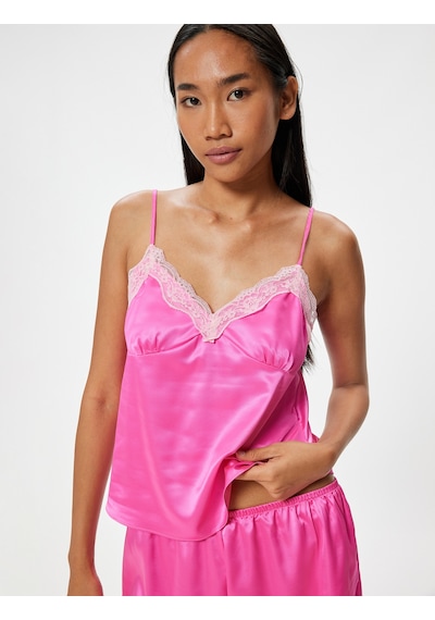 Koton Saten Pijama Üstü İnce Askılı Dantelli Pembe 4slk90036mw Gül