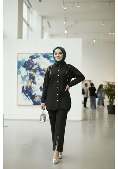 Hb Harma Time Butik Kadın Kot Ceket Pantolon İkili Kot Siyah Takım Siyah Siyah
