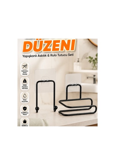 Yapışkanlı Rulo Kağıt Tutucu Ve Havlu Askısı 2 Parça Banyo Düzenleme Seti Çok Renkli