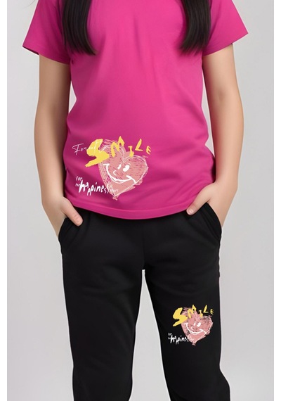 Panios Kids Smile Baskılı Kız Çocuk Tişört Ve Eşofman Alt-üst Takım Fuşya