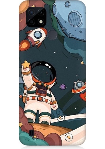 Realme C21 Uyumlu Sevimli Astronot Uzay Macerası Desenli Silikon Kılıf