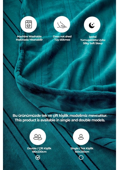Evlen Home Mayer Supersoft Yumuşak Çift Kişilik Battaniye 180x230 Cm Mint Mint