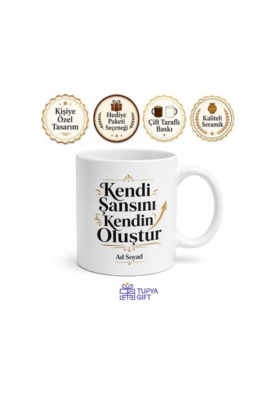 Kendi Şansını Kendin Oluştur Motivasyon Sözlü Kahve Kupası Hediye Bardak Beyaz / Çok Renkli