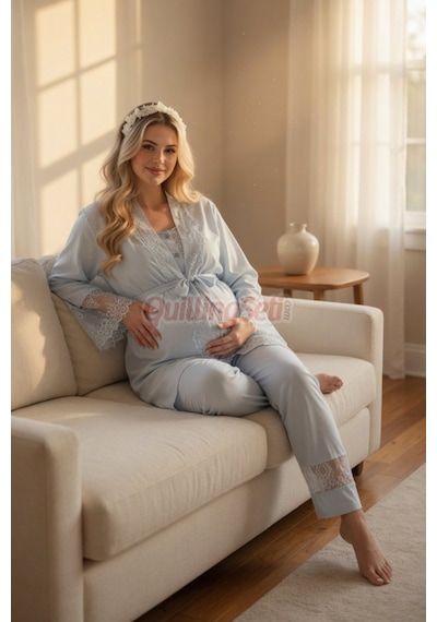 Quilling Lady Mavi Renkli, Derin Patlı, Dantel Detaylı 33002 Sabahlıklı 3lü Lohusa Hamile Pijama Takımı Açık Mavi M - L