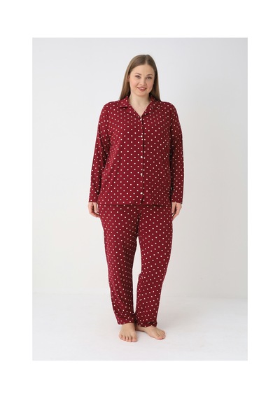 Estiva Kadın Puantiyeli Bordo Önden Düğmeli Soft Battal Pijama Takımı Çok renkli