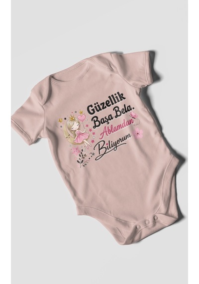 Morivokids Güzellik Başa Bela Ablamdan Biliyorum Kısa Kollu Bebek Body %100 Pamuk Pastel Pembe