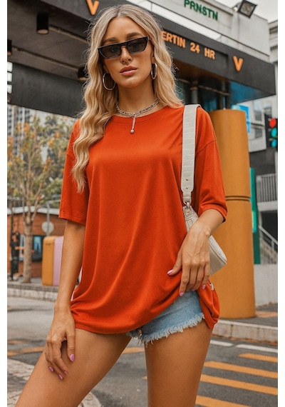Düz Oversize Unisex Tişört Ycb3 Turuncu