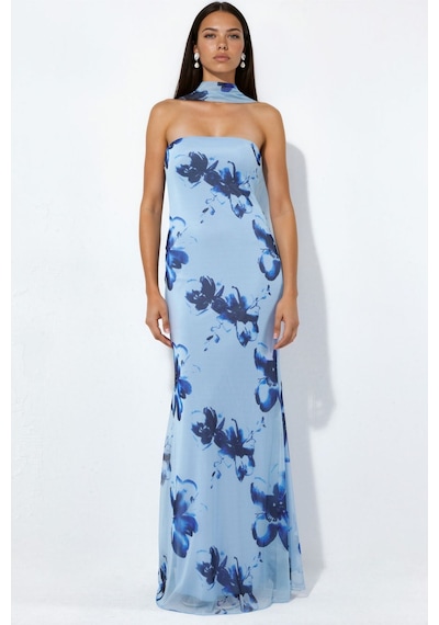 Hiccup Straplez Çiçek Desenli Tül Kuşaklı Bodycon Maxi Elbise Bebek Mavisi