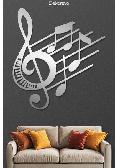 Sol Anahtarı Ve Notalar Metal Duvar Tablosu - Metal Duvar Sanatı - Krom - 65 X 75 Cm