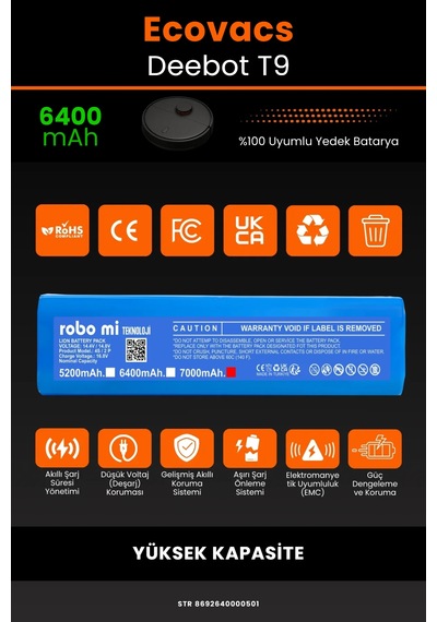 Ecovacs Deebot T9 Uyumlu 6400mah Robot Süpürge Bataryası - Yüksek Kapasite