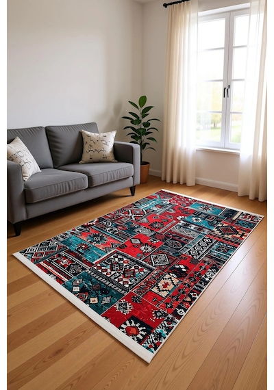 Blghome Dokuma Tabanlı Dijital Baskı Halı Blg3820 Kırmızı - Mavi