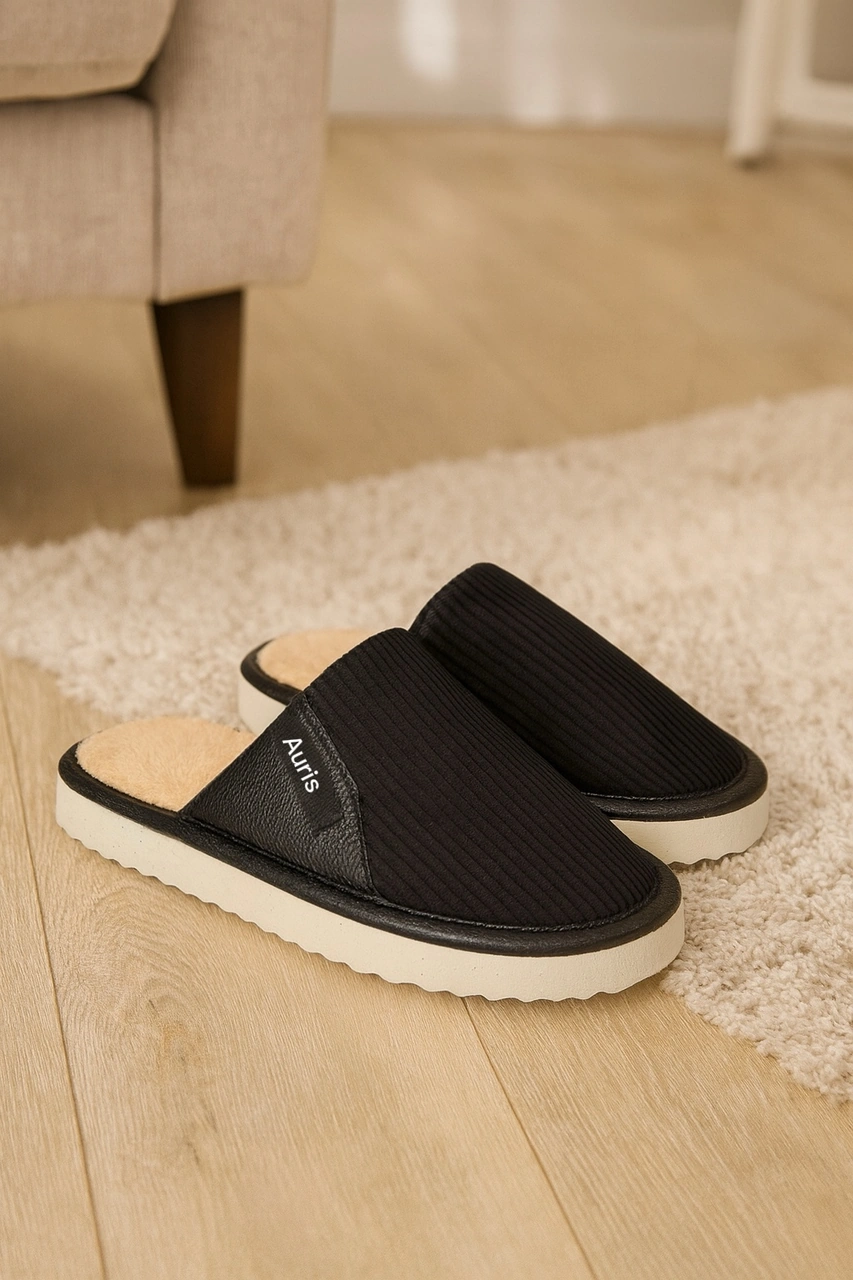 Ar-060 Unisex Kadife Kumaş İçi Kürklü Kışlık Ev Terliği Siyah