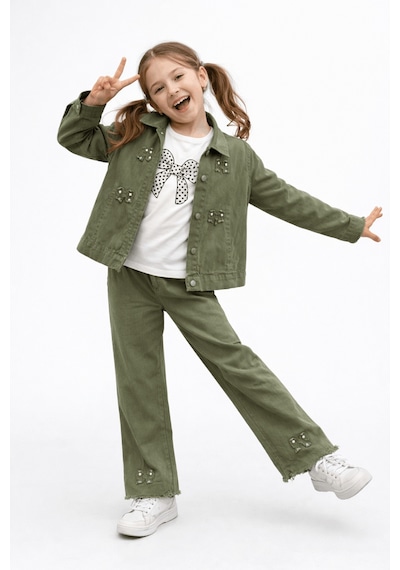 Turuncu Gardrop 9-12 Yaş Fiyonklu Gabardin Kız Çocuk 3lü Takım Haki Haki