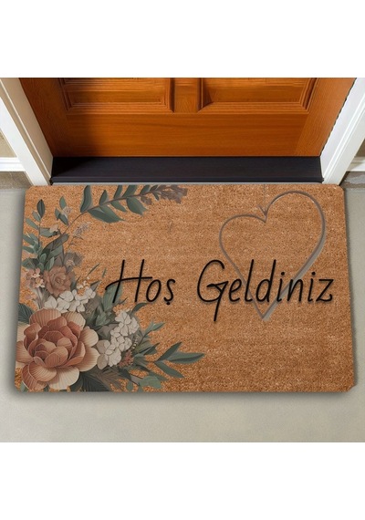 Valerine Life Vintage Kahverengi Zambak Ve Kalp Hoş Geldiniz Kapı Önü Paspası 45x70cm