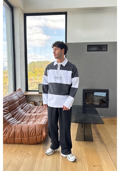 Yazılı Çizgili Polo Yaka Sweatshirt Siyah Siyah