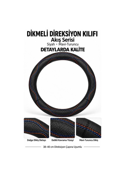 Trobus Citroen C3 2024-2025 Uyumlu Dikmeli Direksiyon Kılıfı Akış Siyah Mavi-turuncu Siyah - Mavi-turuncu