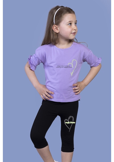 Toontoy Kids Toontoy Kız Çocuk 2'li Takım Baskılı Bisiklet Yaka Kolu Fırfırlı T-shirt & Basic Düz Crop Tayt Lila
