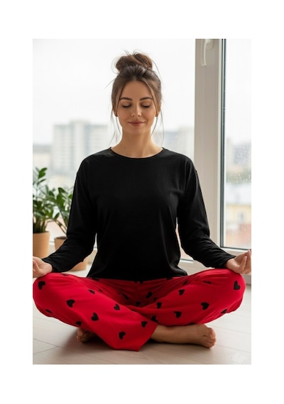 Siyah İnci Pamuklu Örme Pijama Takım7948 Kırmızı
