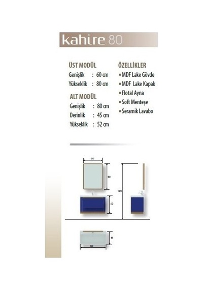 Evros Kahire 80 Cm Banyo Dolabı Mavi