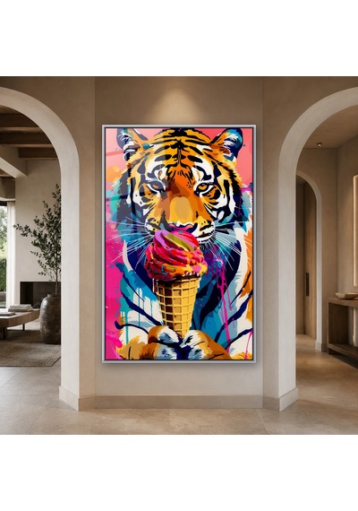 Dondurma Külahıyla Pop-art Kaplan Portresi Gümüş Çerçeveli Cam Tablo