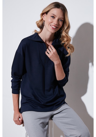 Lela Regular Fit Fermuarlı Yaka Önü Kısa Arkası Uzun Bayan Sweat 5865876 Lacivert