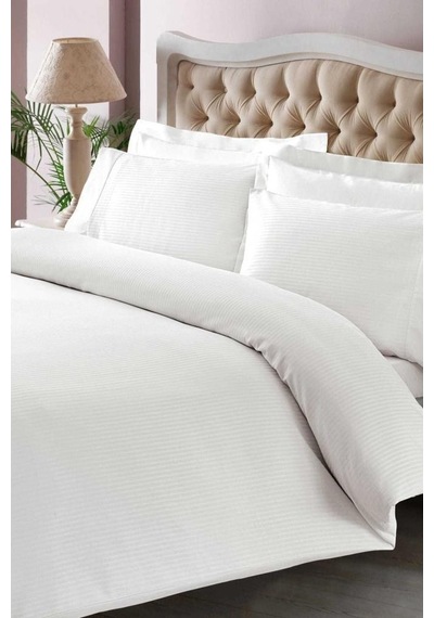 Taç Çift Kişilik Premium Basic Stripe Saten Nevresim Takımı Beyaz