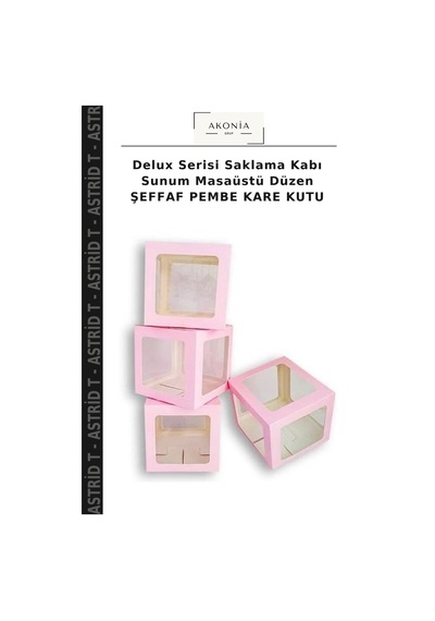 Delux Serisi Saklama Kabı Sunum Masaüstü Düzen Şeffaf Pembe Kare Kutu Çok Renkli