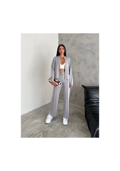Winmoda34 Kadın Modal Kumaş Kolej Yaka Fermuarlı Cepli Bol Paça Takım Gri