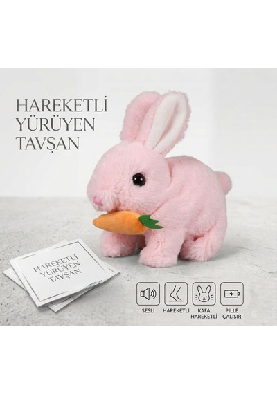 Sevimli Arkadaşım Tavşan: Sesli Yürüyen Hareketli Havuç Detaylı Eğitici Oyuncak Peluş Pembe