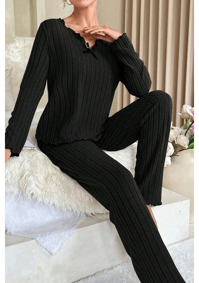 Moda Dua Kadın Siyah Uzun Kollu Fiyonklu Yuvarlak Yaka Mevsimlik Pijama Takımı