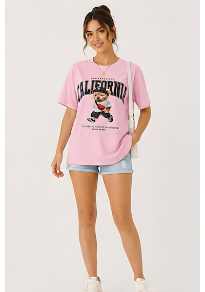 Lili Woman Kadın California Bear Baskılı Oversize T-shirt E.2686 Pembe