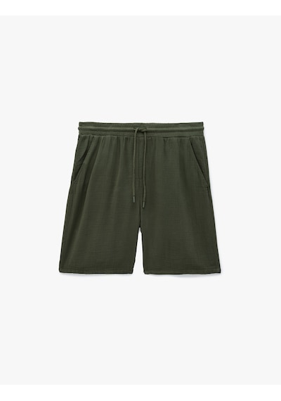 Koton Beli Bağcıklı Cepli Regular Fit Pamuklu Müslin Bermuda Şort Haki 7wam40043hw