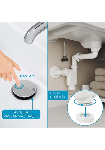 Aqua Bagno Smart Pop-up Sifon , Taşma Deliksiz Krom +comfort Yer Kazandıran Lavabo Sifonu -2 Parça Set Aqua Bagno Smart Pop-up Sifon , Taşma Deliksiz Krom +comfort Yer Kazandıran Lavabo Sifonu -2 Parça Set
