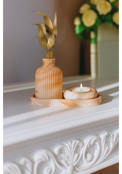 Seramik Vazo, Tealight Mumluk Ve Dekoratif Tepsi Seti - Beyaz Minimal Tasarım