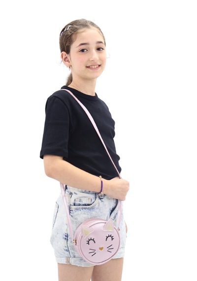İcone Bag Yuvarlak Kedi Kafası Tasarımlı Kız Çocuk Omuz Çantası Suni Kız Çocuk Çantası Pudra