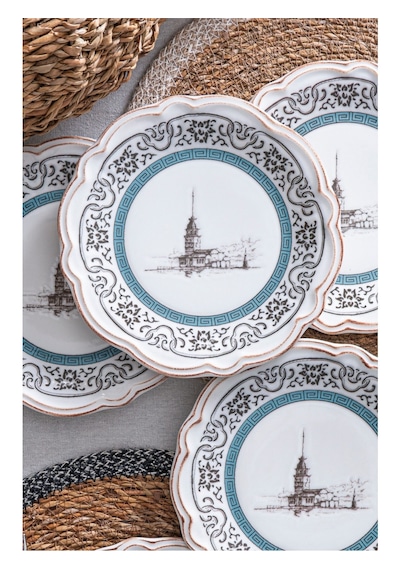 Kız Kulesi Desenli Porselen Pasta & Tatlı Tabağı Takımı İstanbul Motifli 6 Kişilik 6 Parça 21 Cm Beyaz