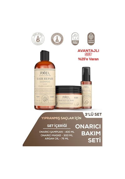 Pxel Onarıcı Saç Bakım Seti Şampuan, Maske Ve Argan Serum / Kuru, Mat Ve Yıpranmış Saçlar İçin / 400ml + Genel