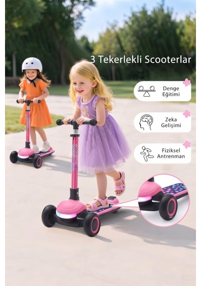 Işıklı Ve Müzikli 3 Modlu Yönlendirilebilir T-bar Sistemli 4 Farklı Yükseklik Ayarlı Çocuk Scooter Çok Renkli