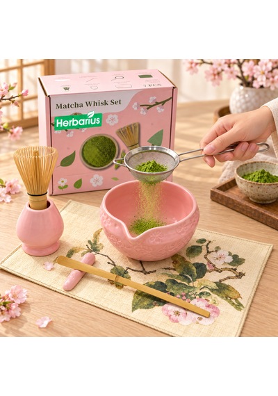 Herbarius 8 Parça Çiçek Desenli Parlak Pudra Pembe Renk Matcha Çayı Hazırlama Seti - Geleneksel Japon Matcha Seti