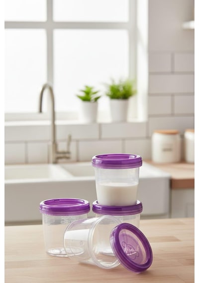 Vivart 4 Lü 180 Ml Anne Bebek Süt ve Mama Bebek Organik Besin Ölçekli Sızdırmaz Kapaklı Saklama Kabı Mor