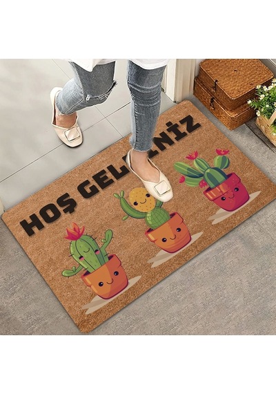 Valerine Life Opuntia Tavşan Kulağı Üçlü Sevimli Kaktüsler Hoş Geldiniz Kapı Önü Paspası 45x70cm
