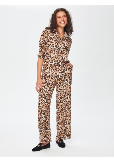 Faik Sönmez Leopar Desen Wide Leg Fit Viskon Pantolon 69496 U6949635 Camel