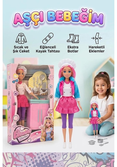 Elonna Mutfakta Aksesuarlı Şef Bebek Oyun Seti - Eklem Hareketli Şık Aşçı Oyuncak Bebek 30cm